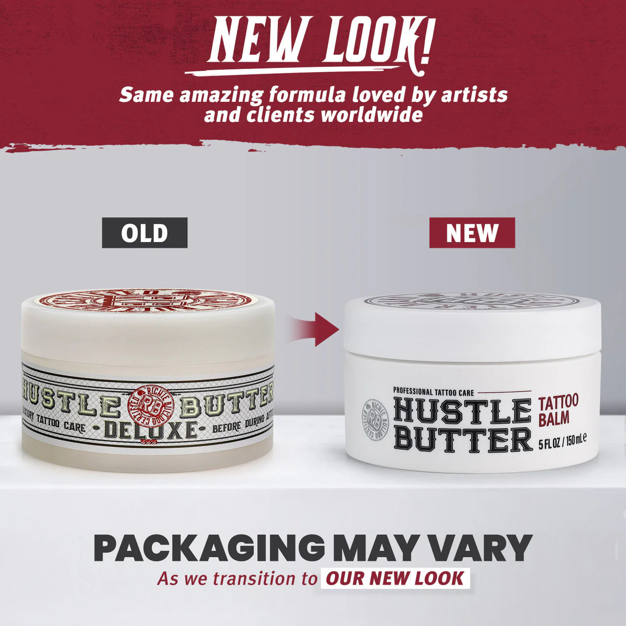 Comparison of old and new packaging for Hustle Butter tattoo balm with text about product formula and packaging change.