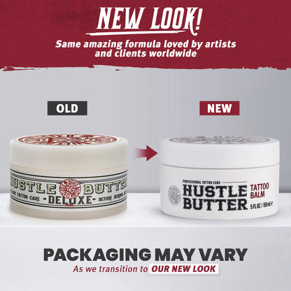 Comparison of old and new packaging for Hustle Butter tattoo balm with text about product formula and packaging change.