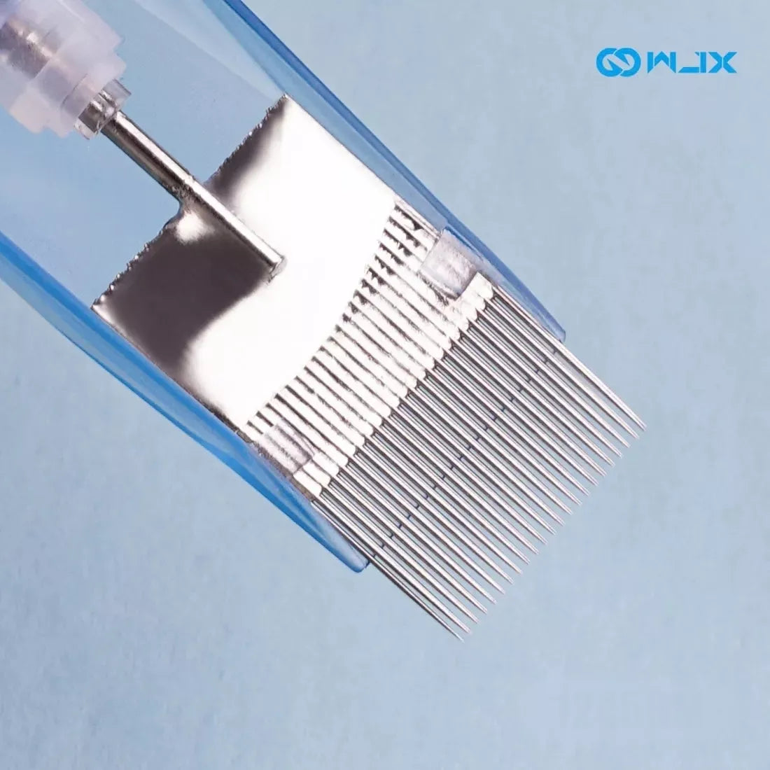 A close-up of a fine needle cartridge, model 1049RM, showing the stainless steel needle array and plunger inside a clear protective tube, on a light blue background with the MLX brand logo.