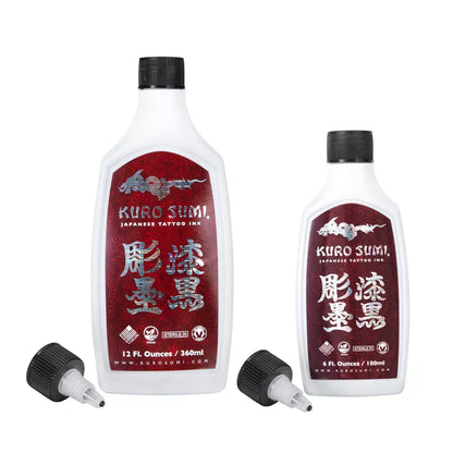 Two white bottles of Kuro Sumi black outlining ink in 180ml and 360ml sizes, shown on a plain white background. One bottle is 12 fl.