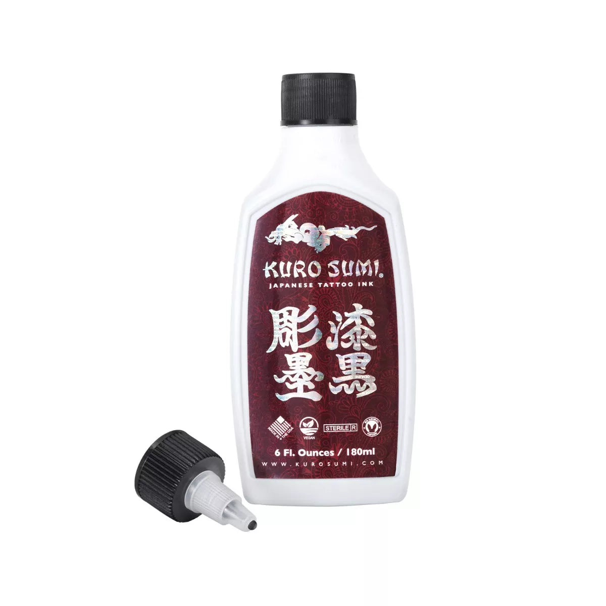 A bottle of Kuro Sumi Japanese Black Outlining Ink 180ml, with its cap removed and placed in front on a plain white background.