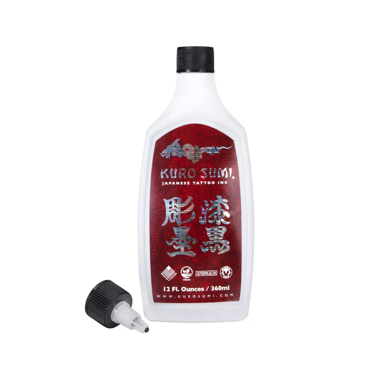 A bottle of Kuro Sumi Japanese Black Outlining Ink 360ml, with its cap removed and placed in front on a plain white background.