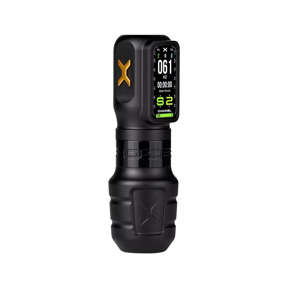 A wireless Ozer X Channel black tattoo machine display and controls with a digital display screen and a textured grip, featuring a gold 'X' logo on the side, shown against a plain white background.