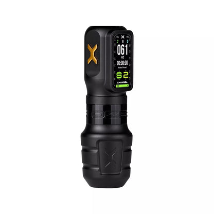 A wireless Ozer X Channel black tattoo machine display and controls with a digital display screen and a textured grip, featuring a gold 'X' logo on the side, shown against a plain white background.