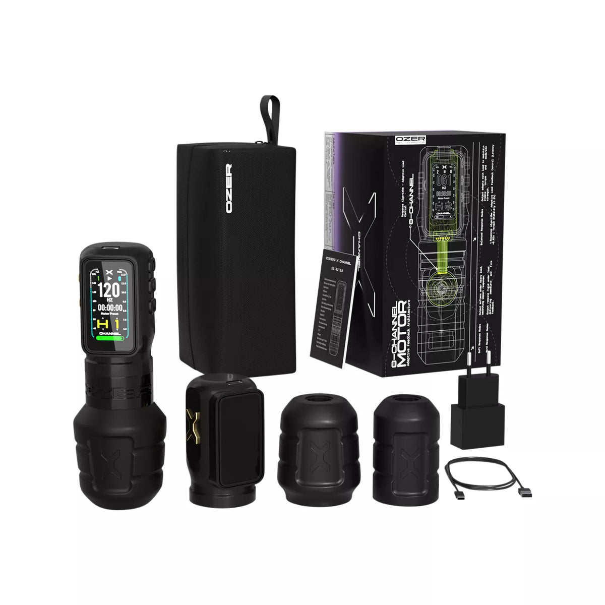 Ozer X Channel wireless tattoo machine kit with two batteries, 3 interchengable grips and carrying case