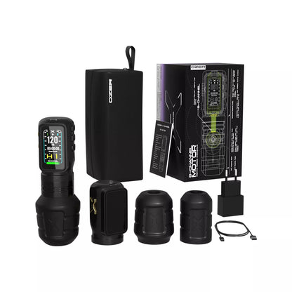 Ozer X Channel wireless tattoo machine kit with two batteries, 3 interchengable grips and carrying case