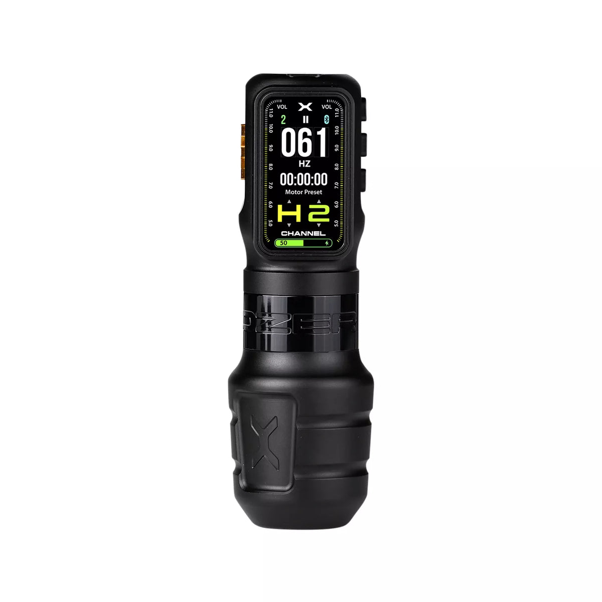 An Ozer X Channel wireless black tattoo machine with a digital display screen, photographed against a solid white background.