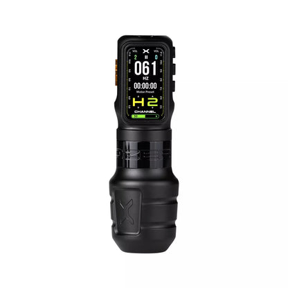 An Ozer X Channel wireless black tattoo machine with a digital display screen, photographed against a solid white background.
