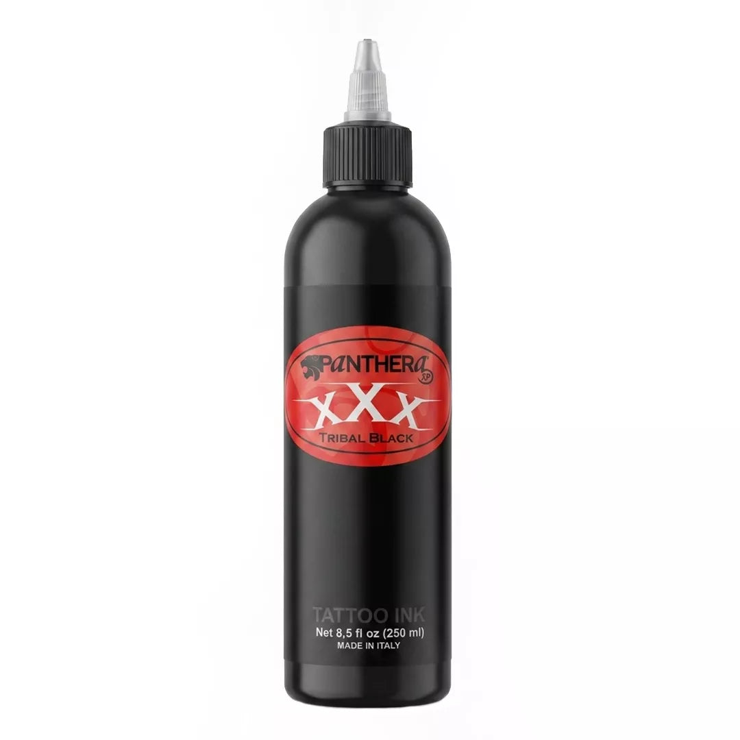 A 250 ml bottle of Panthera XXX Tribal Black tattoo ink, featuring a black plastic bottle with a pointed applicator cap and a red and black label, set against a plain white background.