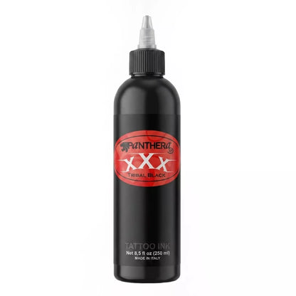 A 250 ml bottle of Panthera XXX Tribal Black tattoo ink, featuring a black plastic bottle with a pointed applicator cap and a red and black label, set against a plain white background.