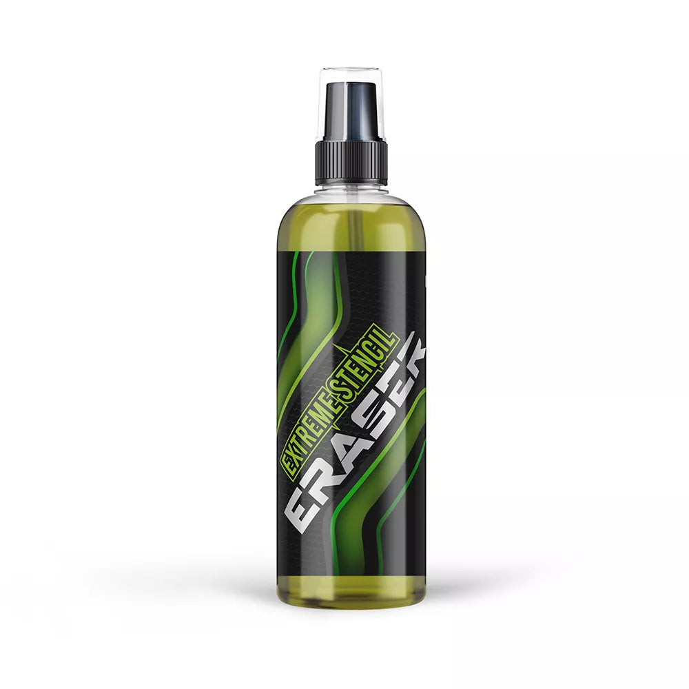 A Panthera Extreme Stencil Eraser 250ml spray bottle filled with olive-green liquid, featuring a black and green label that reads 'EXTREME STENCIL ERASE' in bold white and green text, set against a plain white background.