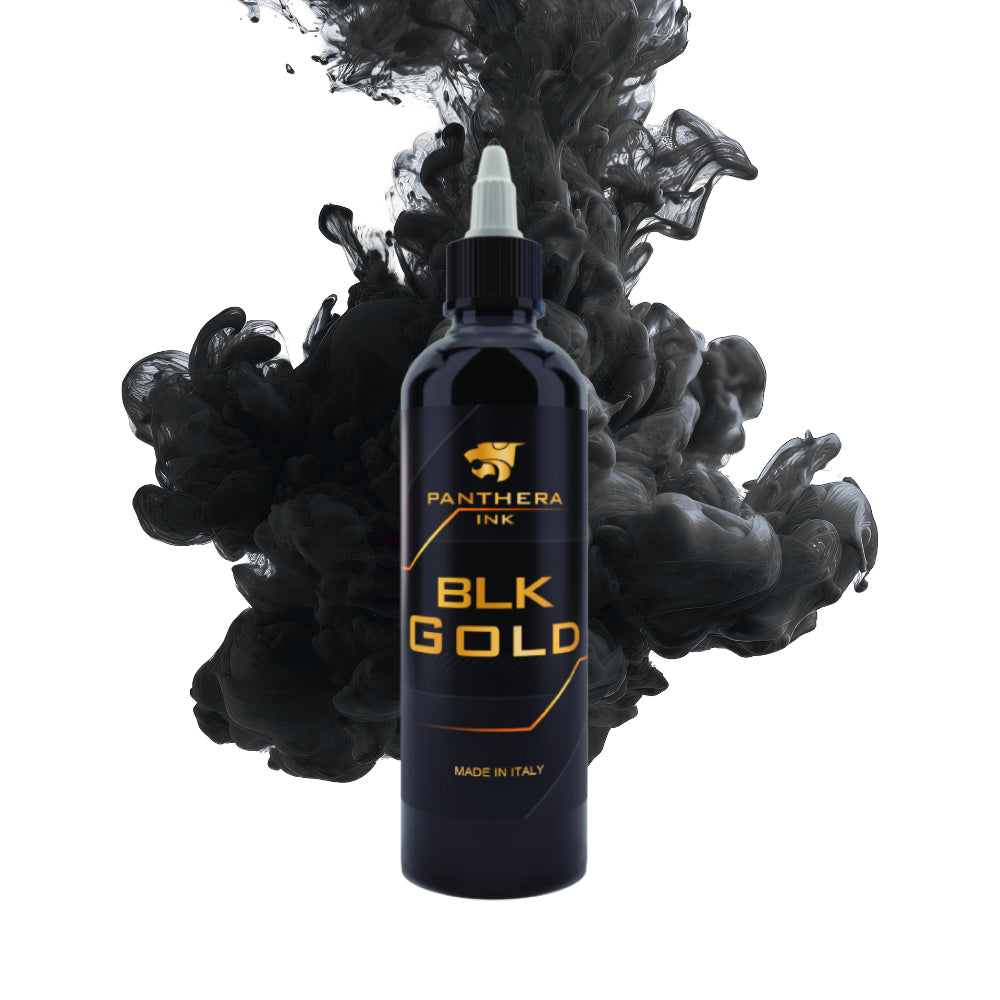 Bottle of Panthera Ink BLK Gold with black ink splash on a white background
