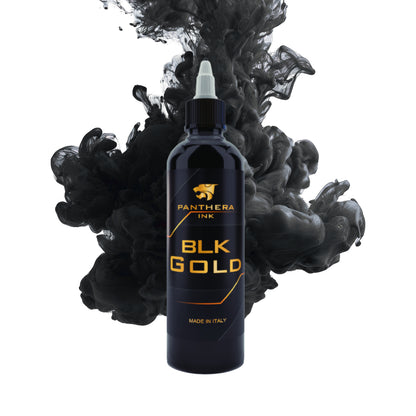 Bottle of Panthera Ink BLK Gold with black ink splash on a white background