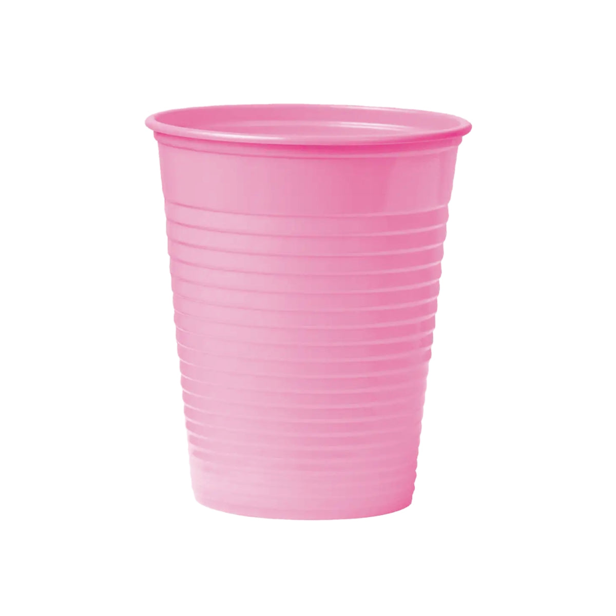 A pink disposable rinse cup with horizontal ridges, shown on a plain white background.
