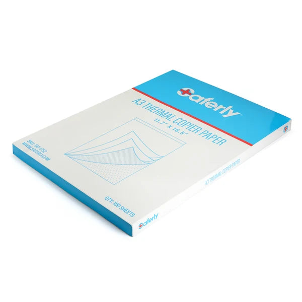 A package of Saferly A3 thermal stencil paper x100 sheets per box, shown at an angle on a clean white background.
