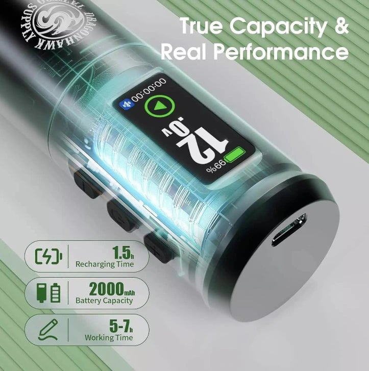 Dragonhawk A1 Pro wireless tattoo machine Battery pack with digital display and charging indicators on a light gray background
