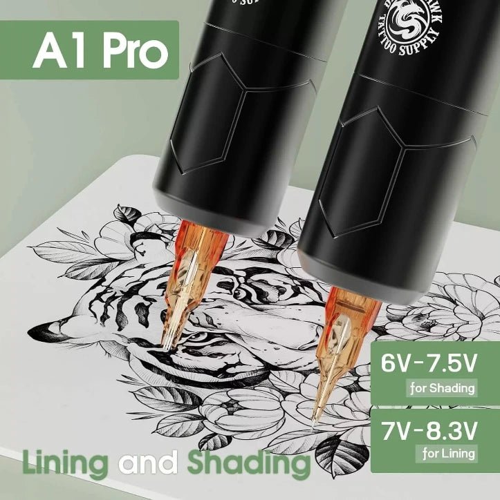 Dragonhawk A1 Pro wireless Tattoo machine with 'A1 Pro' branding on a white surface with floral design, showing voltage ranges for shading and lining.