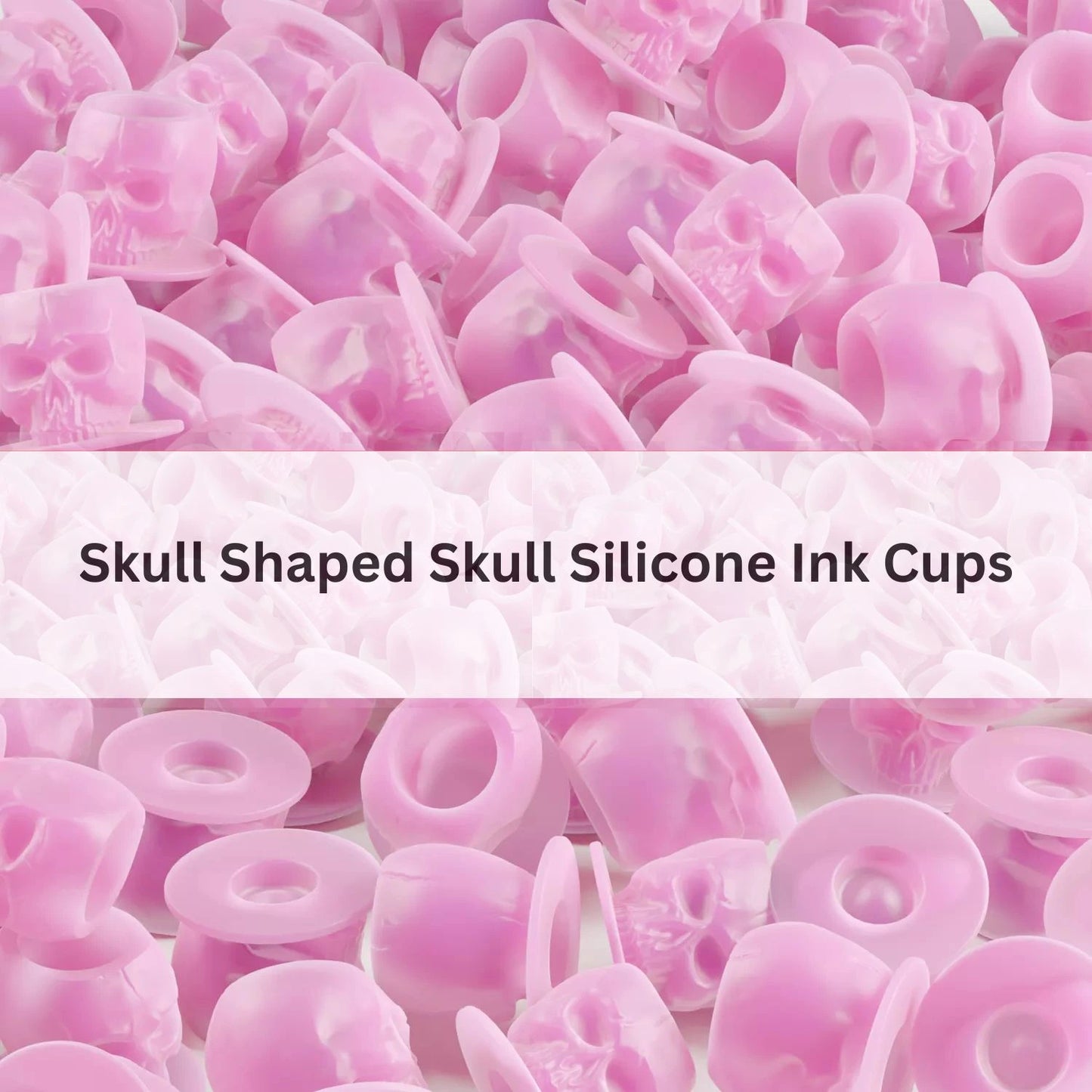 Pink skull-shaped silicone ink cups with text overlay on a white background