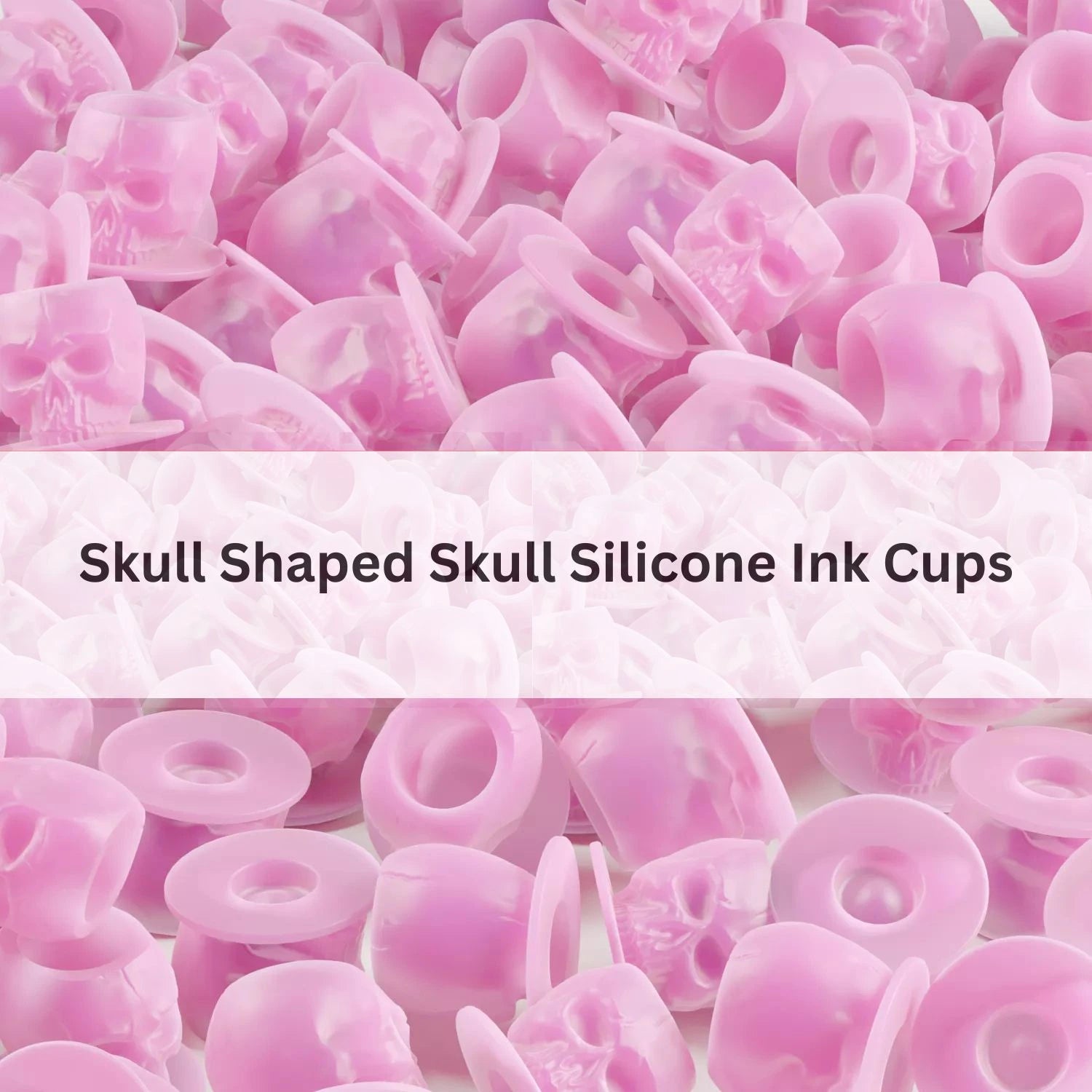 Pink skull-shaped silicone ink cups with text overlay on a white background