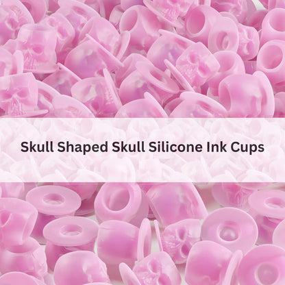Pink skull-shaped silicone ink cups with text overlay on a white background