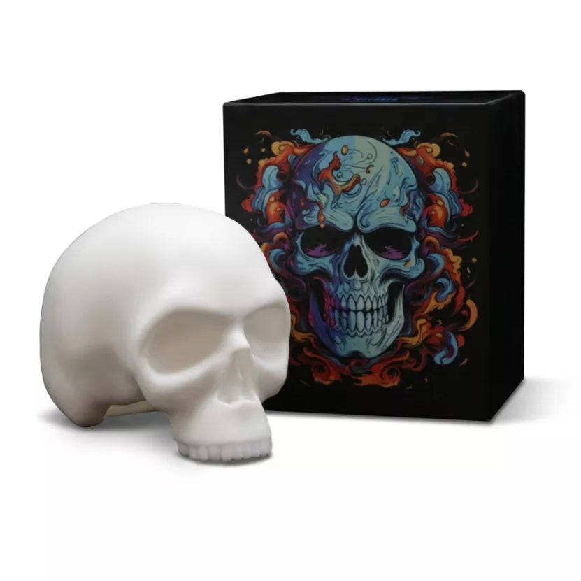 A Soft silicone skull tattoo practice skin boxed displayed in front of a black box featuring a colorful skull illustration with blue, orange, and red tones.