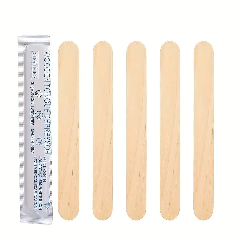 Set of wooden tongue depressors with a package labeled 'Sterile Wooden Tongue Depressor' on a white background.