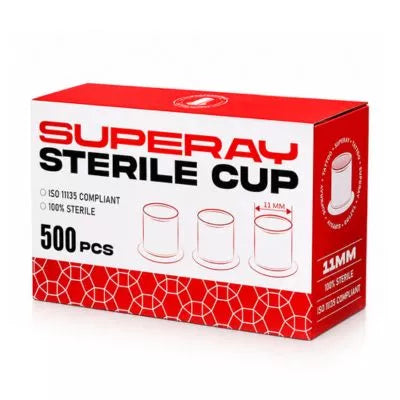 A red and white box of Superay Sterile Tattoo Ink Cups containing 500 pieces, shown on a plain white background.