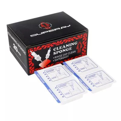 Superay Tattoo Cleaning Sponge box, Tattoo needle rinse foam in black and red packaging, with several individual white cleaning sponge packets arranged in front on a white background.