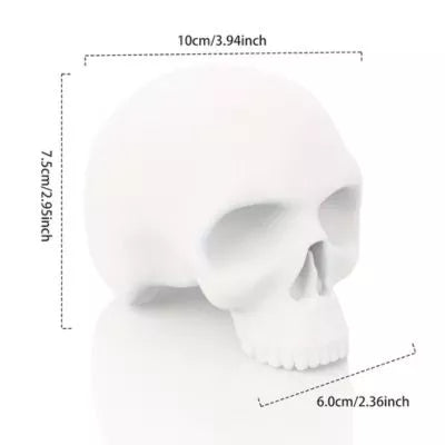 White Tattoo practice skull for apprentices and beginners shown with dimension lines and text indicating height 10cm/3.94inch, depth 6.