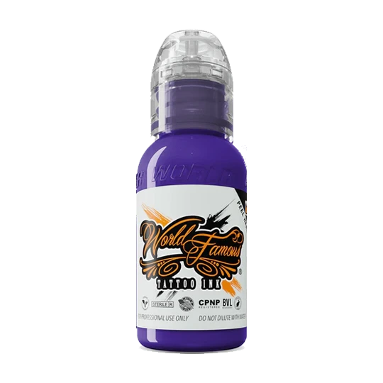 Bottle of World Famous Tattoo Ink Purple Heart 30ml on a white background