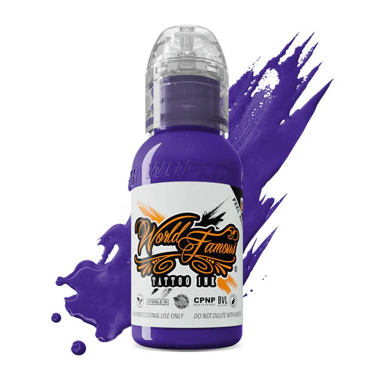 Bottle of World Famous Tattoo Ink Purple Heart 30ml with a purple splash