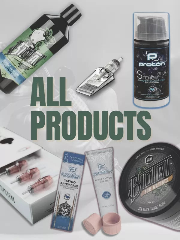 Collection of tattoo products with visible branding on a white background.