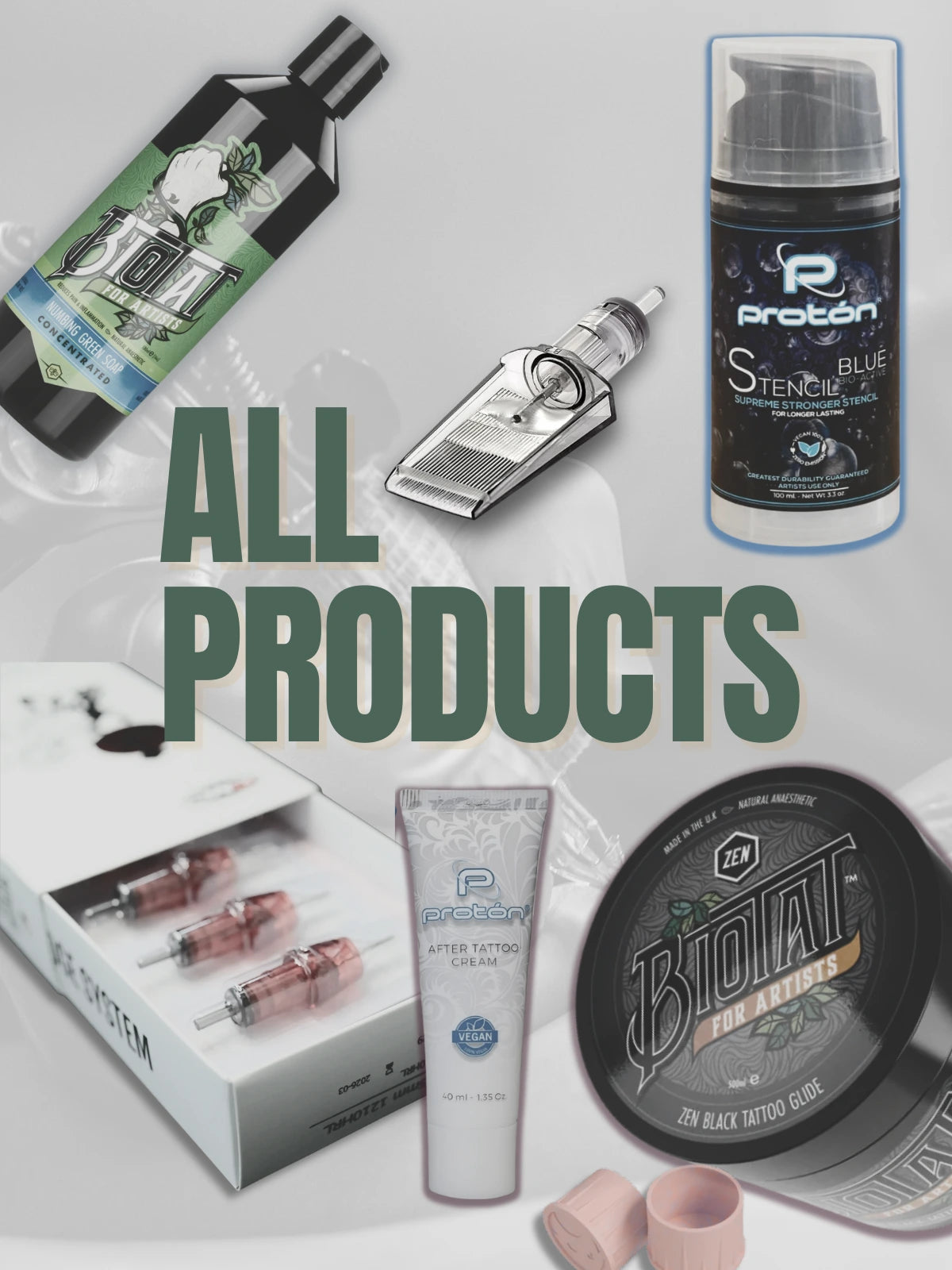 Collection of tattoo supplies and after-care products with visible branding on a light gray background.
