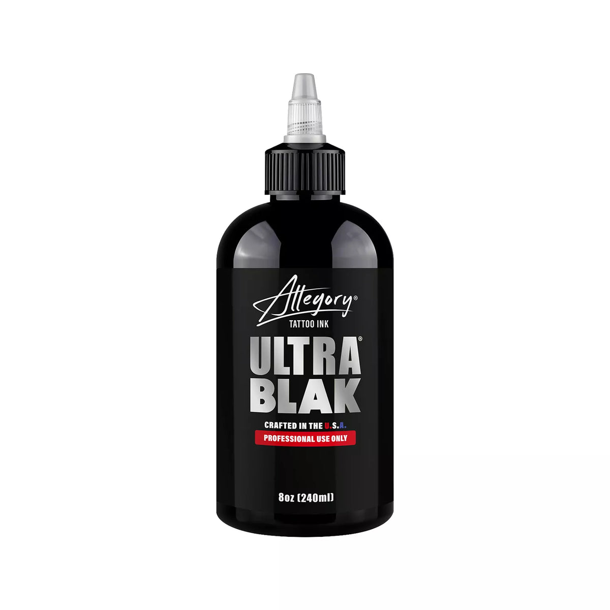 A bottle of Allegory Ultra Blak tattoo ink in black, featuring a black cap and a black label with silver and red text, set against a plain white background.