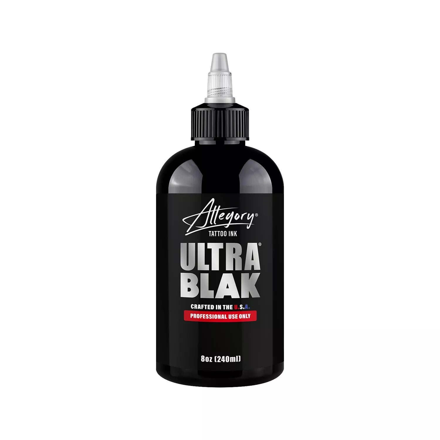 A bottle of Allegory Ultra Blak tattoo ink in black, featuring a black cap and a black label with silver and red text, set against a plain white background.