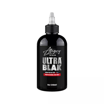 A bottle of Allegory Ultra Blak tattoo ink in black, featuring a black cap and a black label with silver and red text, set against a plain white background.