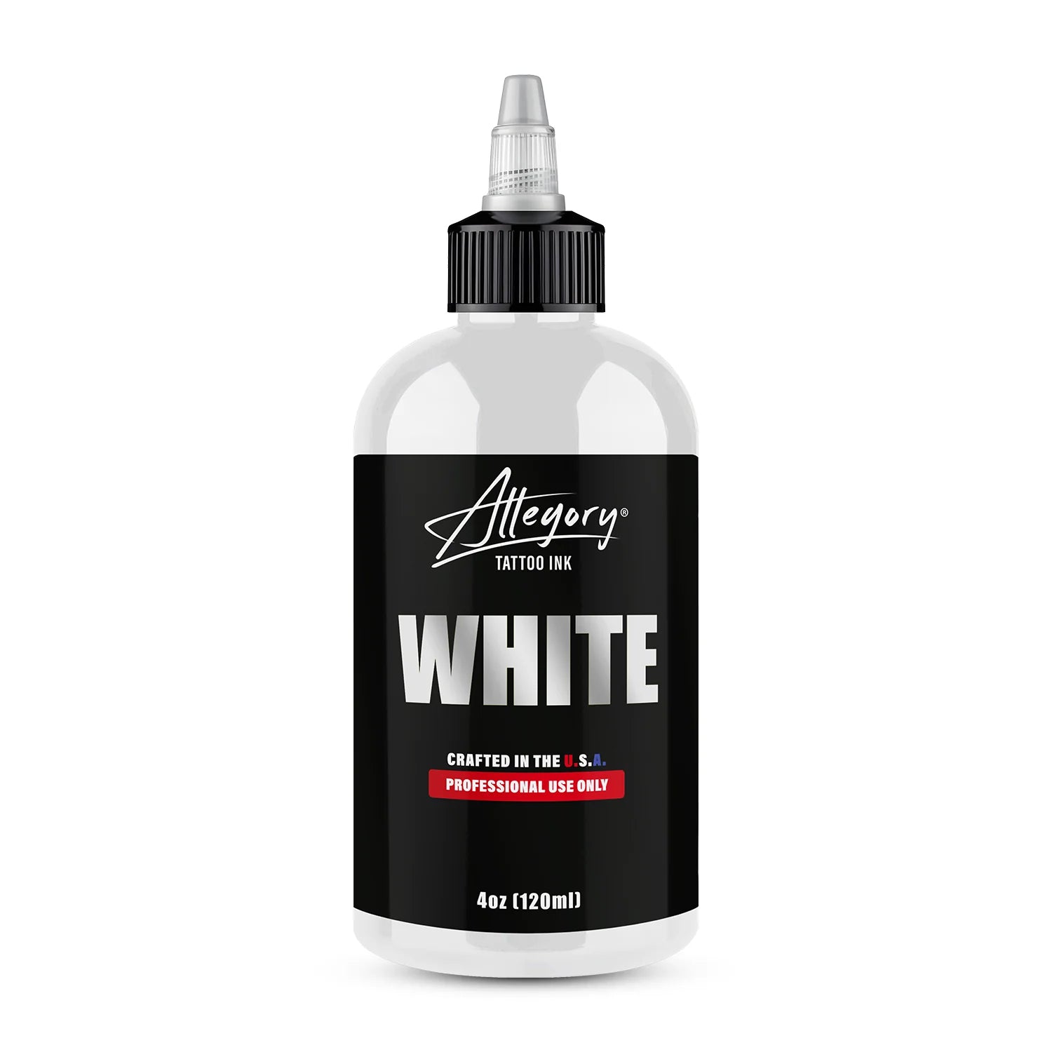 Bottle of Allegory White tattoo ink on a white background