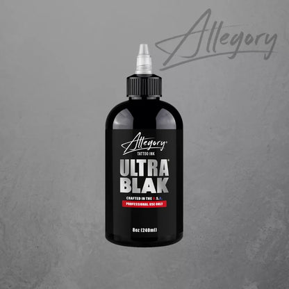 A bottle of Allegory Tattoo Ink Ultra Blak in 6oz (240ml), featuring a black bottle and cap with a black label, centered on a textured gray background with a faint Allegory logo watermark.