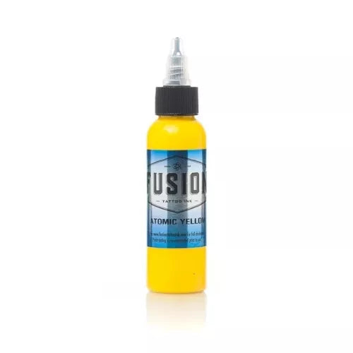 Bottle of Fusion Atomic Yellow tattoo ink on a white background