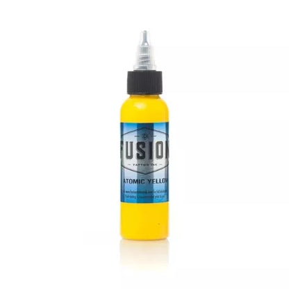 Bottle of Fusion Atomic Yellow tattoo ink on a white background