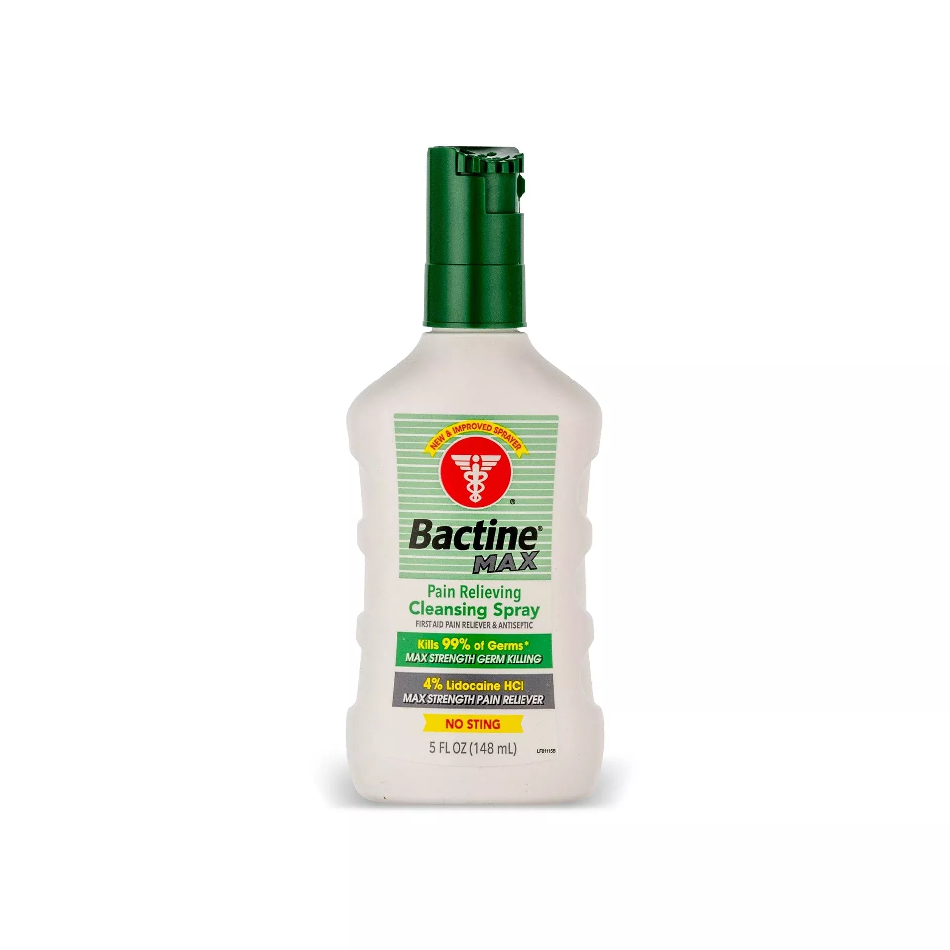 A 5 fl oz bottle of Bactine Max Pain Relieving Cleaning Spray on a white background. The bottle is white with a dark green cap and a green, white, and red label.