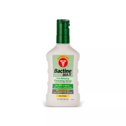 A 5 fl oz bottle of Bactine Max Pain Relieving Cleaning Spray on a white background. The bottle is white with a dark green cap and a green, white, and red label.