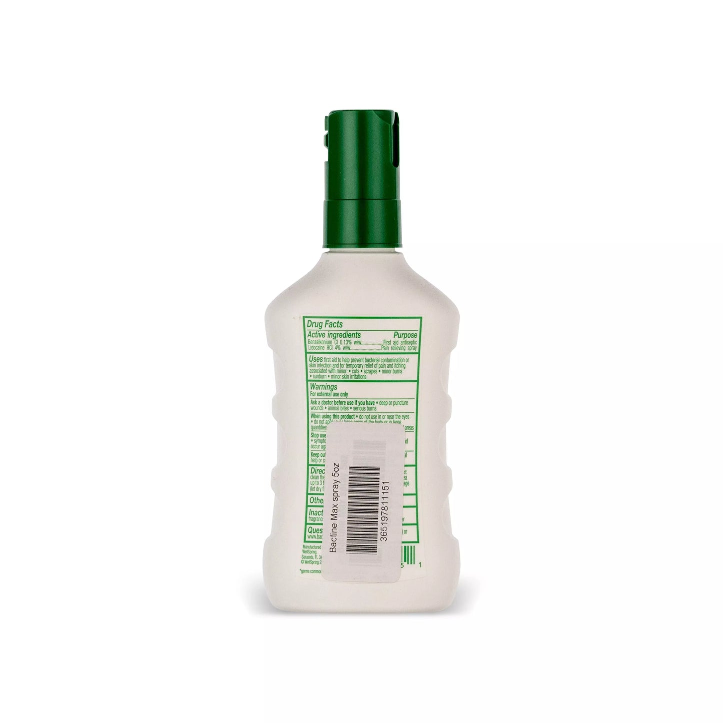 The back of a Bactine MAX Pain Relief Cleansing Spray 5oz bottle with a dark green cap, showing the green and white Drug Facts label, on a white background.
