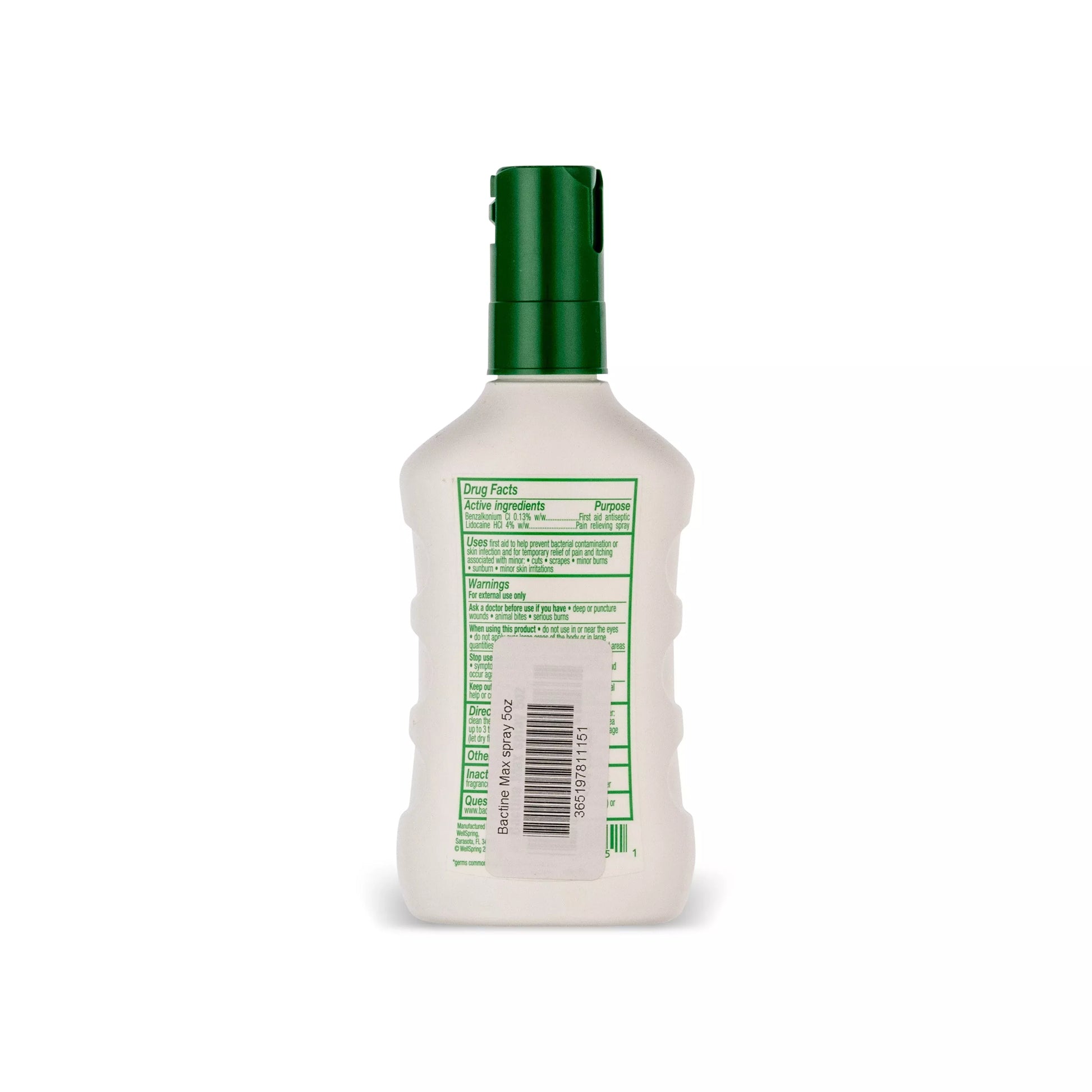 The back of a Bactine MAX Pain Relief Cleansing Spray 5oz bottle with a dark green cap, showing the green and white Drug Facts label, on a white background.