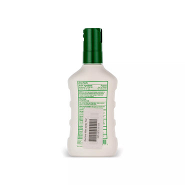 The back of a Bactine MAX Pain Relief Cleansing Spray 5oz bottle with a dark green cap, showing the green and white Drug Facts label, on a white background.
