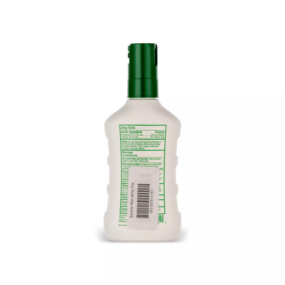 The back of a Bactine MAX Pain Relief Cleansing Spray 5oz bottle with a dark green cap, showing the green and white Drug Facts label, on a white background.