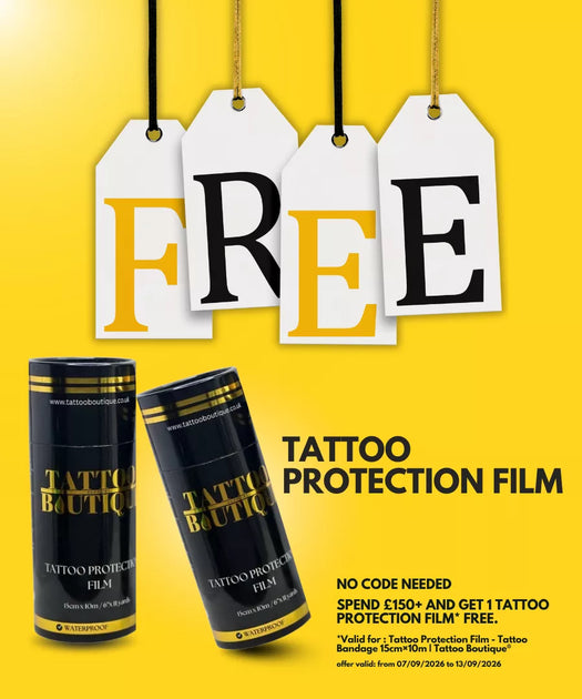 Promotional graphic for Tattoo Boutique offering a free tattoo protection film. The design features two black cylindrical canisters of the product on a bright yellow background, with four white price tags above spelling out 'FREE' in black and gold lettering.