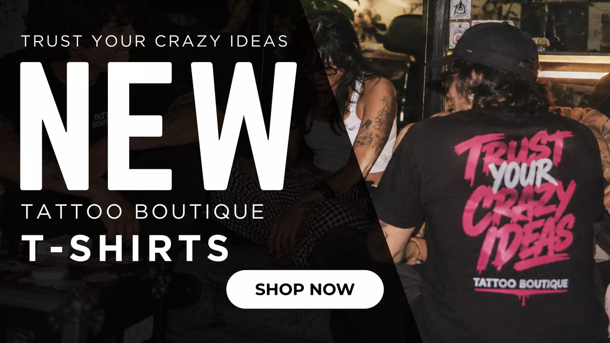 Promotional graphic for 'New Tattoo Boutique T-Shirts' featuring a person from behind wearing a black T-shirt with 'Trust Your Crazy Ideas' printed in pink and white on the back, alongside large white text and a 'Shop Now' button.