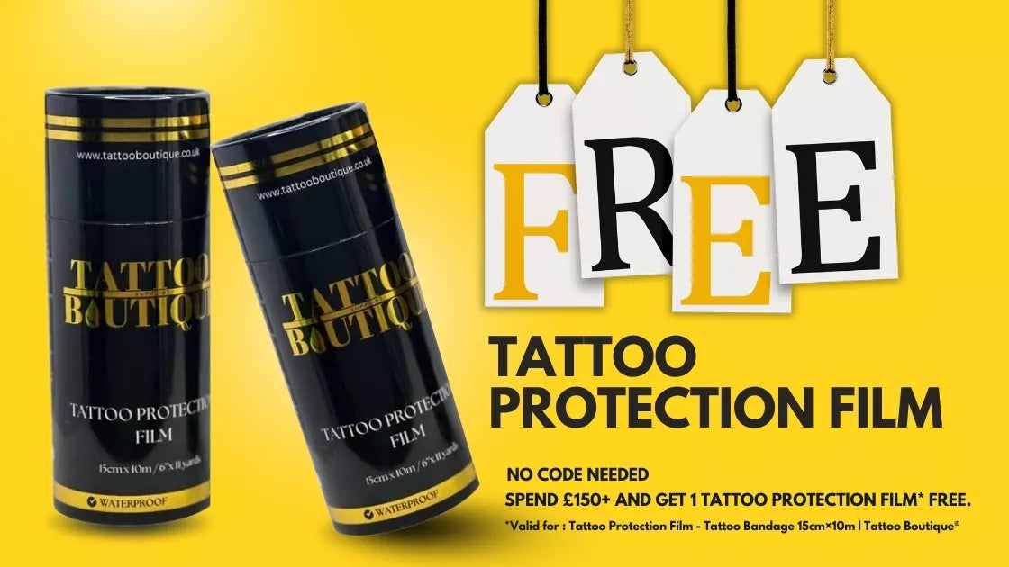 Promotional graphic for Tattoo Protection Film by Tattoo Boutique, showing two black cylindrical product tubes with gold lettering on a bright yellow background, alongside large hanging tags spelling FREE and text offering a free film with a £150+ spend.