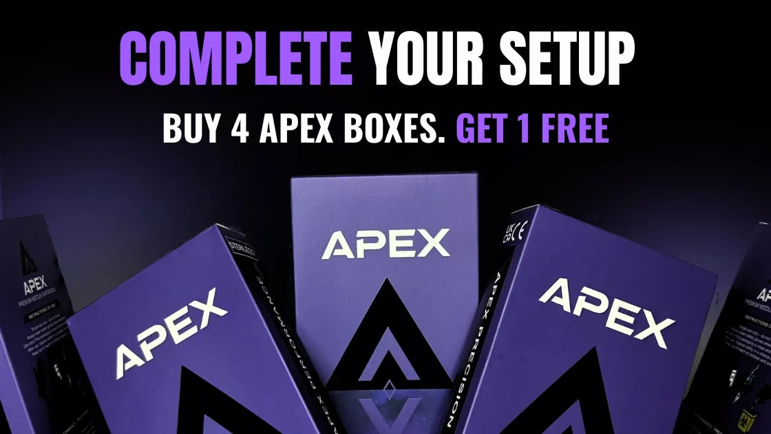 Promotional graphic for Apex Needle Cartridges showing several purple branded boxes arranged in a fan shape against a dark background, with large text reading 'COMPLETE YOUR SETUP' and 'BUY 4 APEX BOXES. GET 1 FREE'.